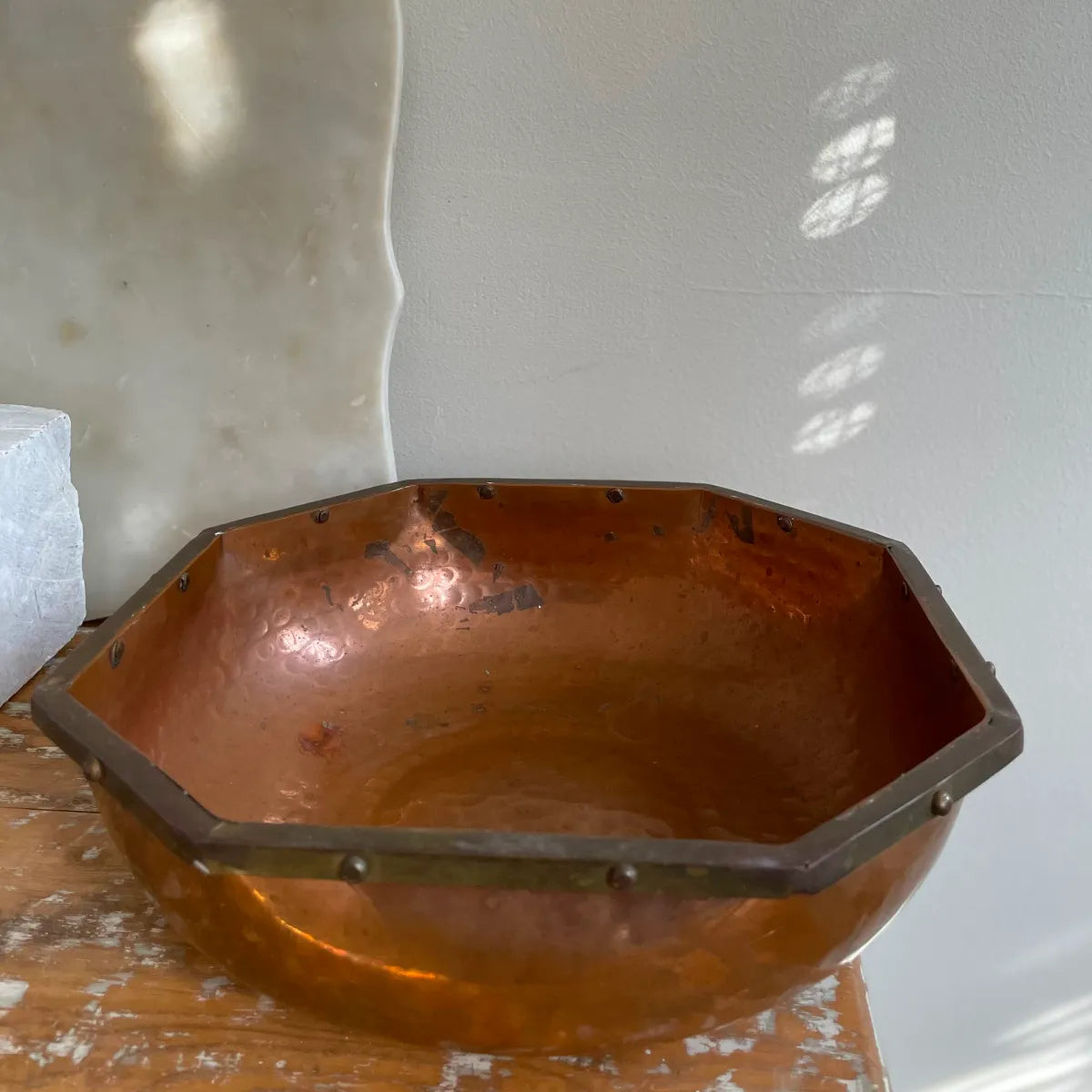 Octagonal Brass-Rimmed Copper Bowl